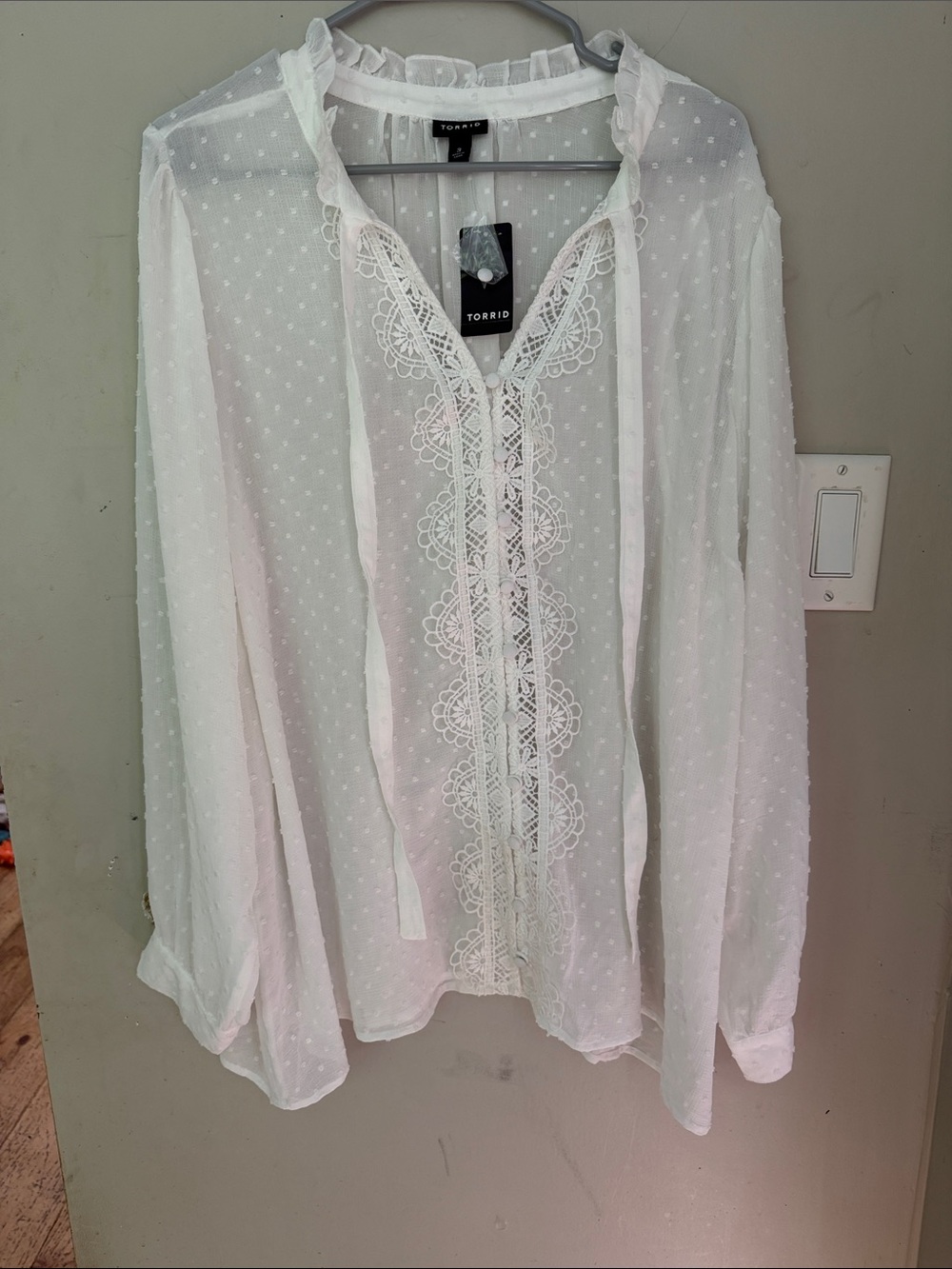 torrid White Swiss Dot Lace-Front Tie Blouse